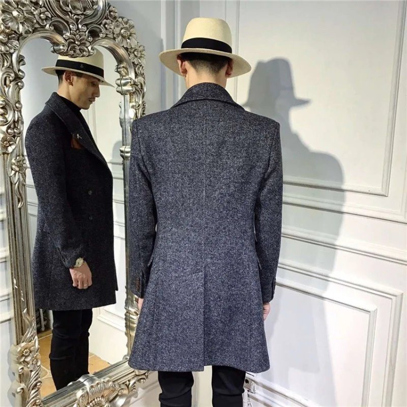 

Style British Men Double Breasted Wool Blend Coat Thick Slim Fit Business Medium Long Jackets Autumn Winter Casual Outerwear