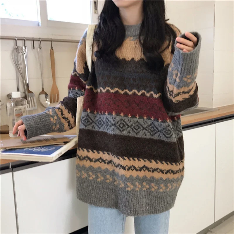 Vintage Sweater Women Knitted Pullovers Winter Striped Jumper Casual Oversized Sweaters Ladies Long Sleeve Knitwear Warm Tops