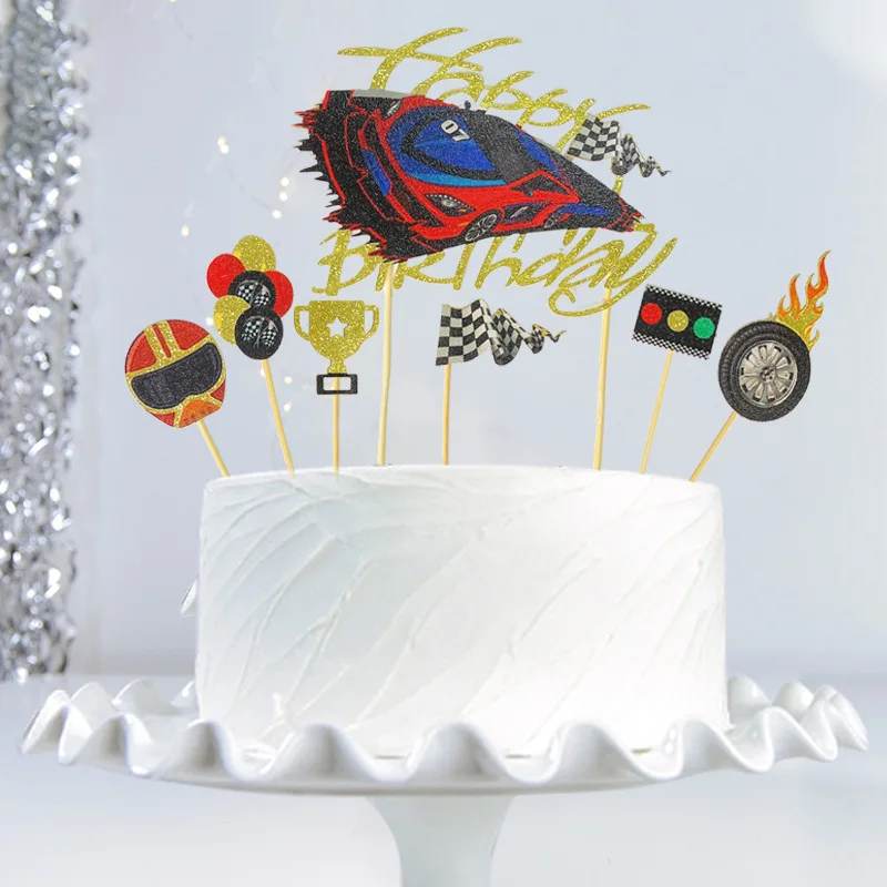 Racing car Cake Topper Happy Birthday Decoration Flag Tire Balloon Traffic Light Anniversaire Party DIY Baking Cupcake Toppers