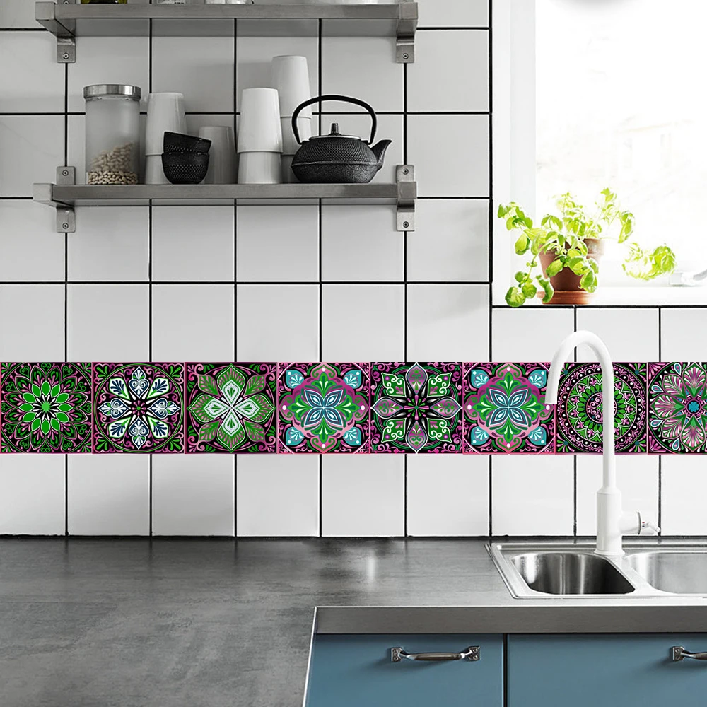 10pcs/set Mandala Style Tiles Wall Sticker Transfers Cover For Kitchen Bathroom Washbasin Peel & Stick Waistline Art Wall Decals