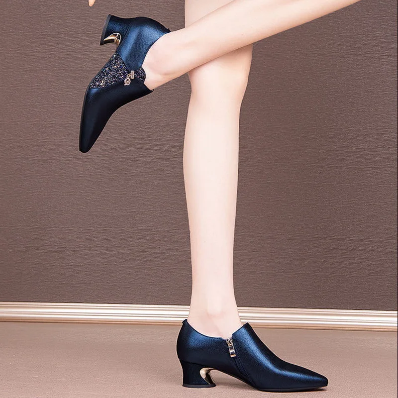 FHC New Women Deep High Heels,Sheepskin Leather Wedding Shoes,Fashion Block Heel,Pointed Toe,British Style,BLUE,RED,Dropship