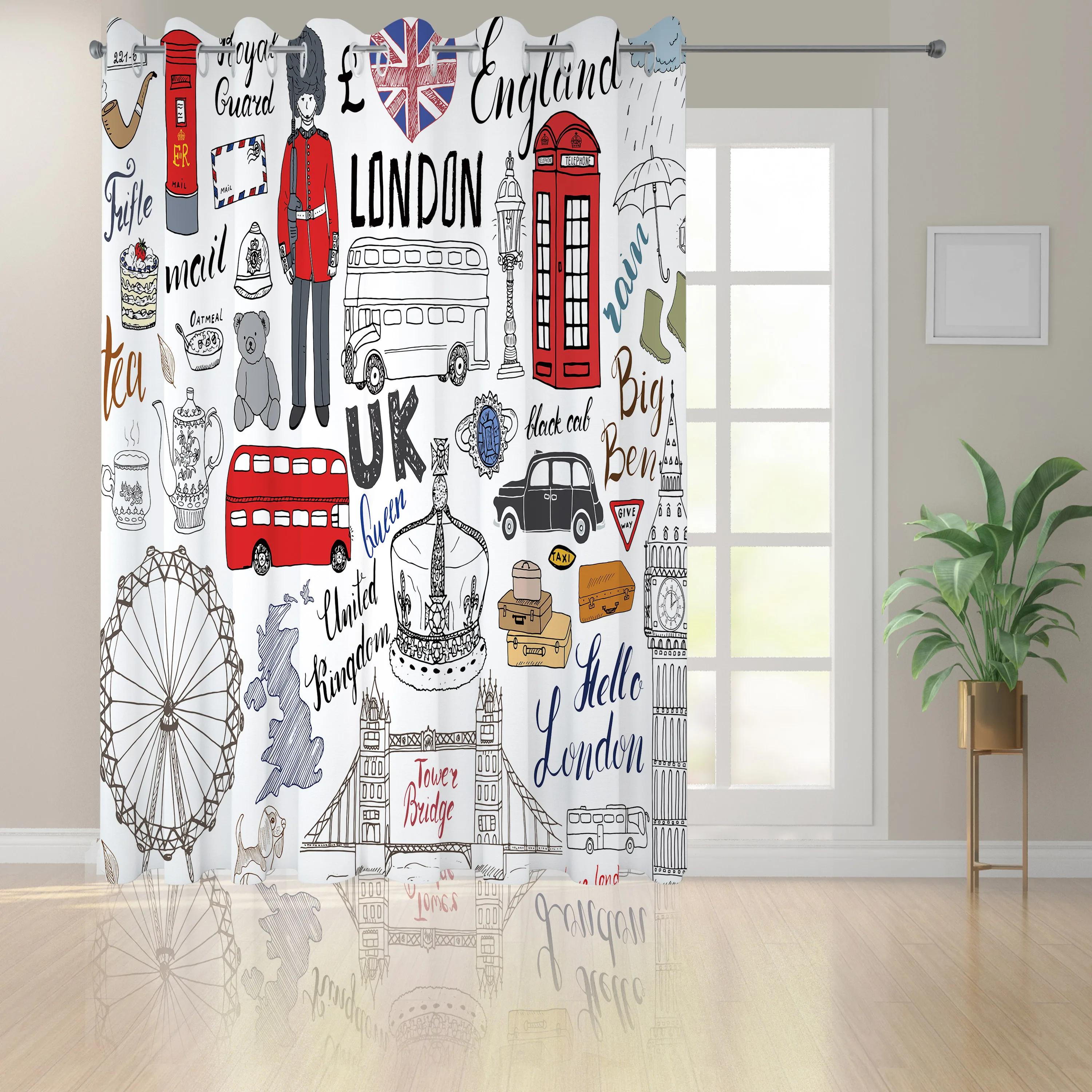 White Red Hipster Curtains I Love London Double Decker Bus Telephone Booth Cab Crown United Kingdom Big Ben  Window Curtain