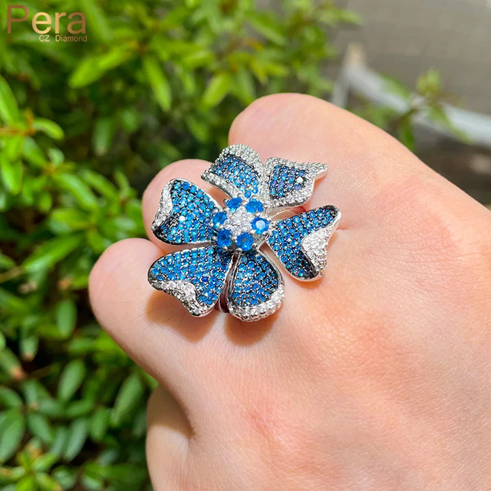 Pera Beautiful Large Flower Shape Blue Cubic Zirconia Wedding Party Adjustable Fidget Rings for Women Decoration Jewelry R175