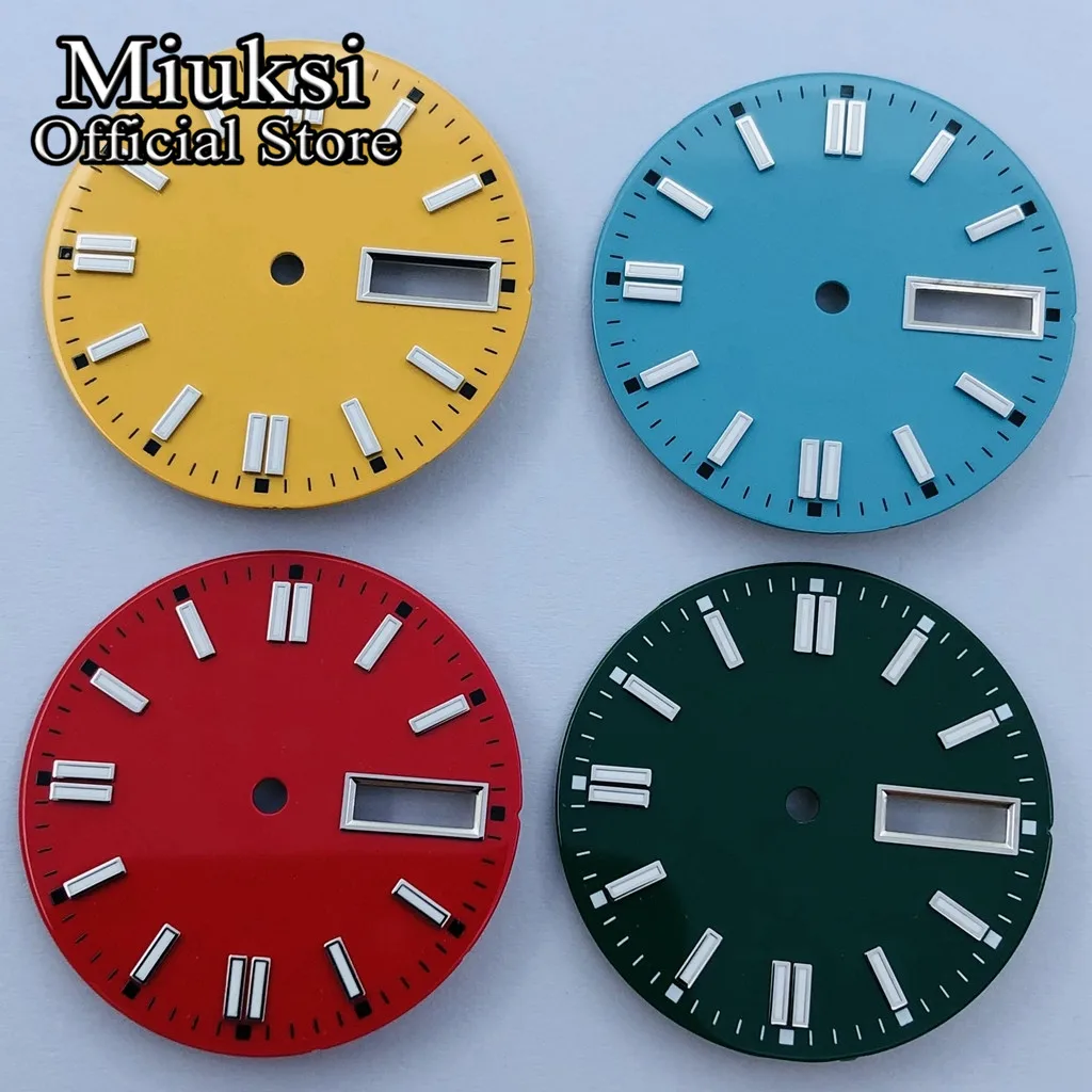 Miuksi 29mm black silver blue green red yellow watch dial C3 luminous sterile dial fit NH36 movement