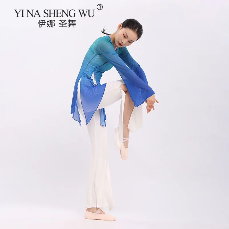 Gradient Gauze Shirt Women Classical Dance Long Sleeve Top For Practice Chinese Folk Dance Tops Clothes Performance Costume New