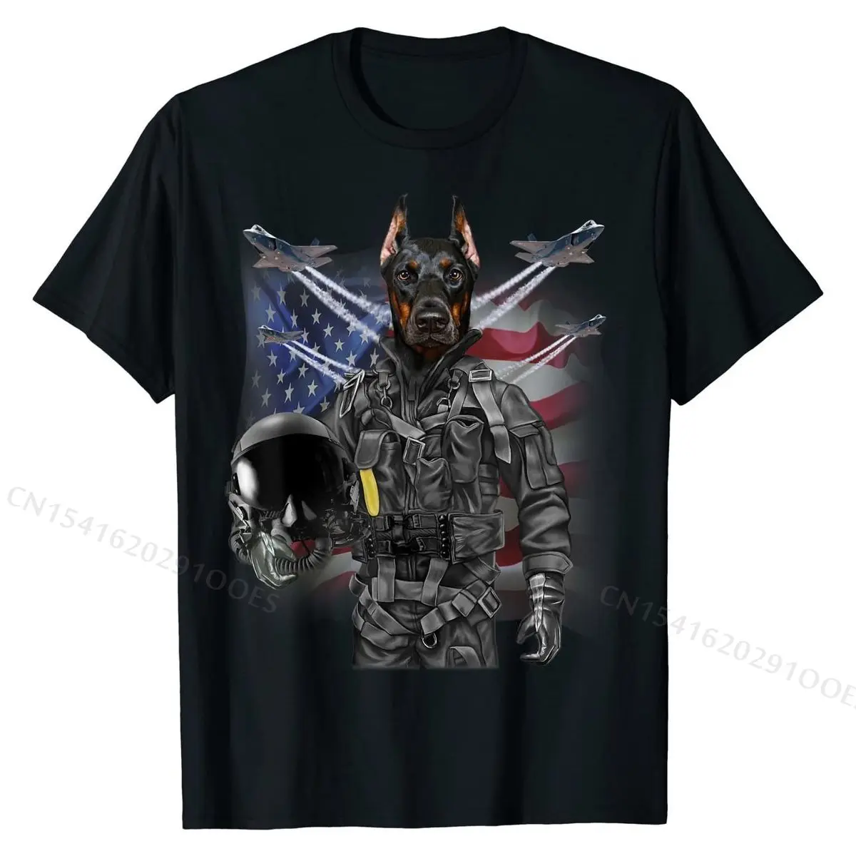 T-Shirt, Doberman Dog as Fighter Jet Pilot, USA America Company Man Tshirts Funny Tops T Shirt Cotton Summer