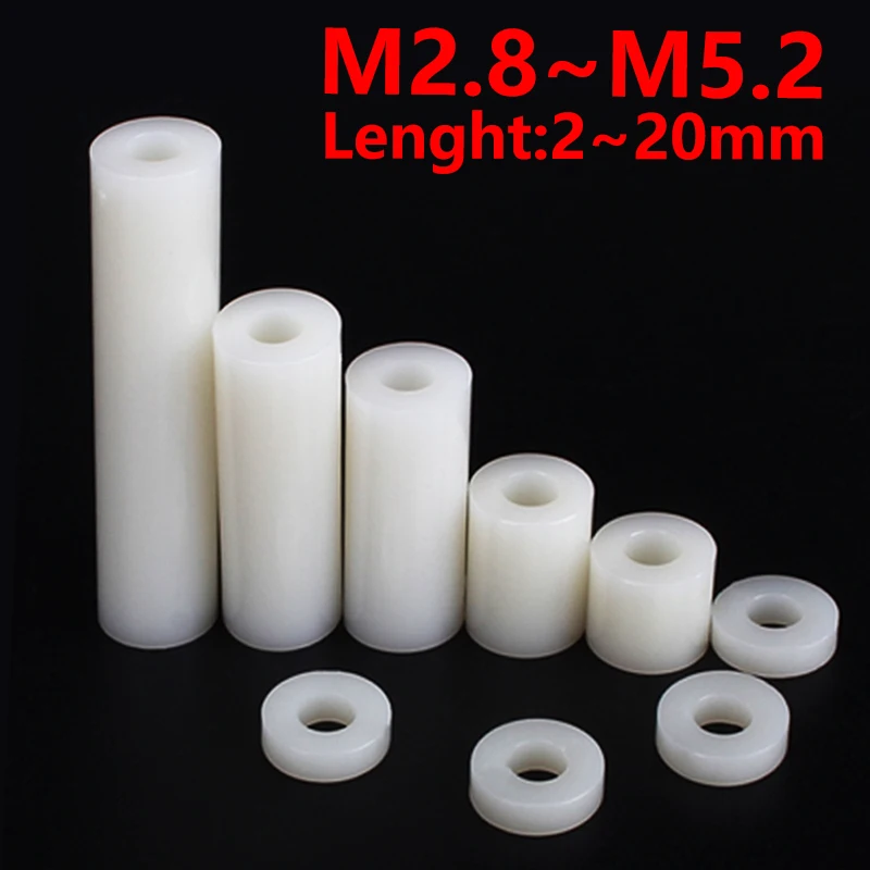 M2.8 M3.2 M4.2 M5.2 White Nylon Hollow Round Washer Non-threaded Spacer Pcb Screw PC Plate Dresser Washer Id 2mm~20mm