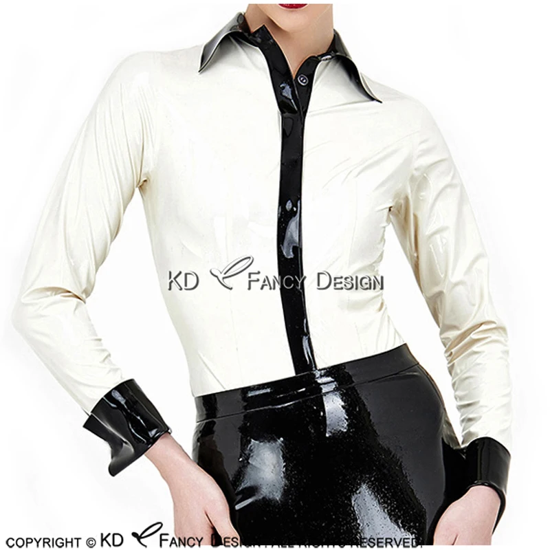 White And Black Sexy Latex Shirt With Buttons At Front Long Sleeves Turn Down Collar Rubber Blouse Top Clothing YF-0118