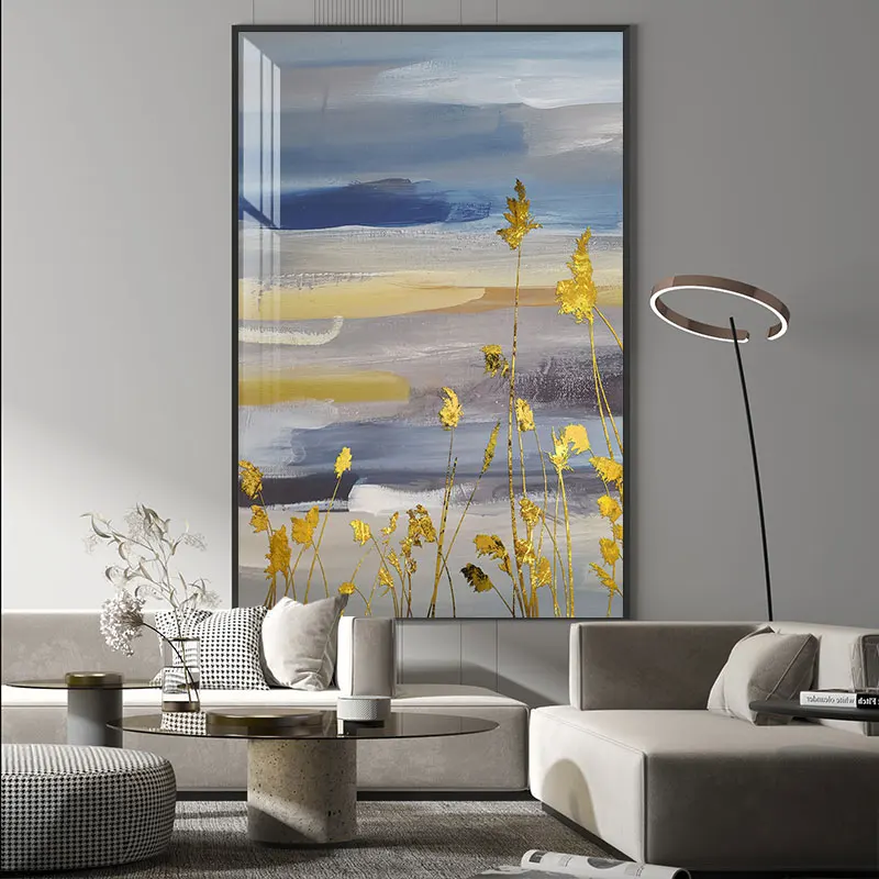 Golden Reed Oil Painting Nordic Hand-painted Minimalist Landscape Posters Prints Abstract Canvas Paintings for Living Room Aisle