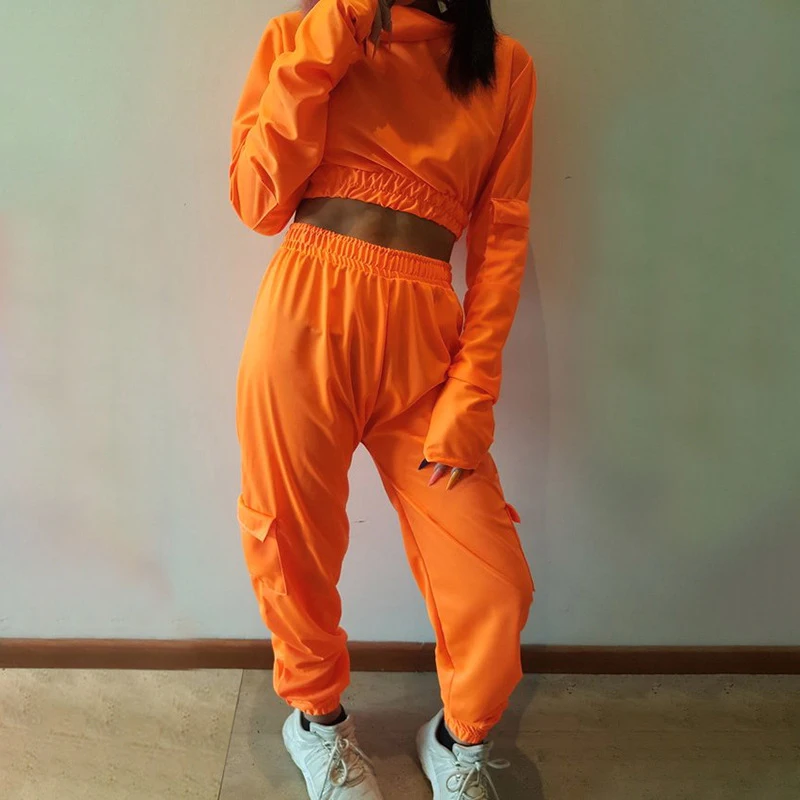 Two Piece Set Crop Top Cargo Sweat Suit Women Tracksuit Sweatsuit Stylish High Waist Lounge Wear Joggers Tunic Pants Sport 2 Pcs