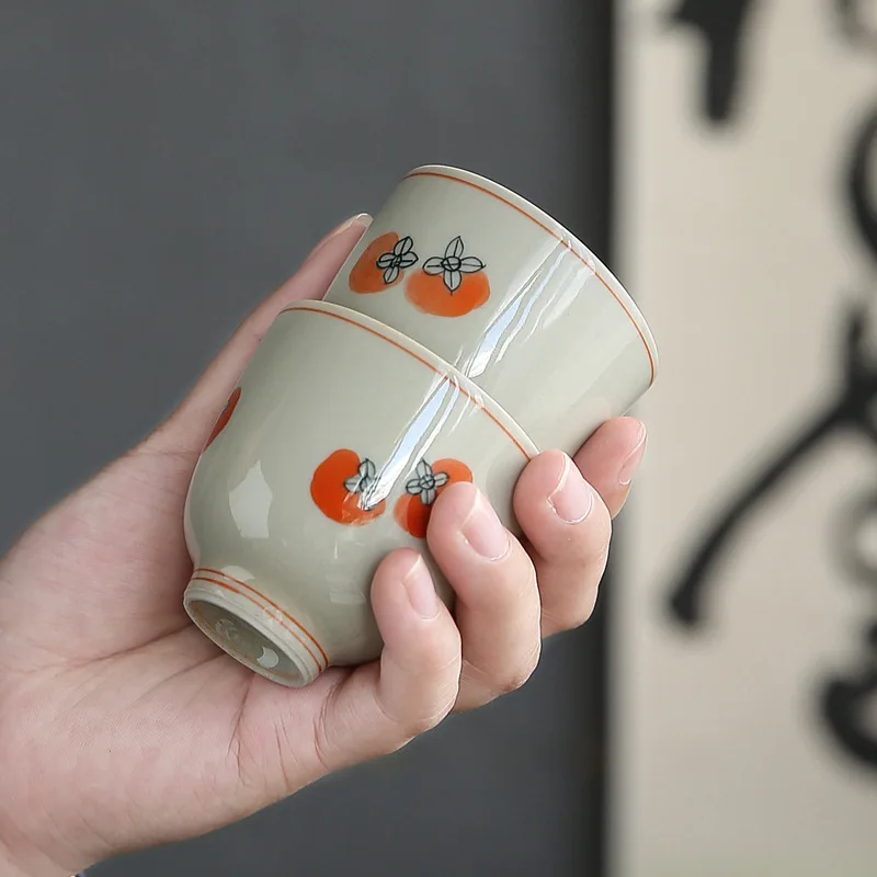 Hand Painted Persimmon Tea Cup Kung Fu Tea Set Ceramic Fragrance-Smelling Cup Antique Grass and Wood Gray Single Cup