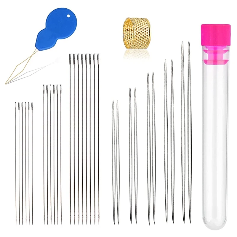 

30 Pcs Beading Needles Set 5 Size 10 Pcs Big Eye Needles and 20 Pcs Long Straight Needles with Bottle for Easy Threading