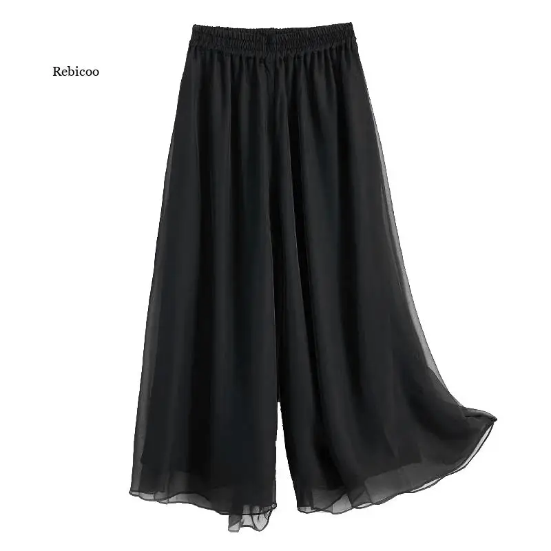 

Women Pant Wide Leg Solid Color Culottes Pant Female High Waist Thin Chiffon Casual Ladies Culottes Trousers
