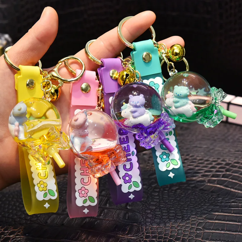 Creative Liquid Oil Cheers Bear Quicksand Keychain Cute Floating Colorful Lollipop Keyring Women Girl Bag Pendant Gift Key Chain