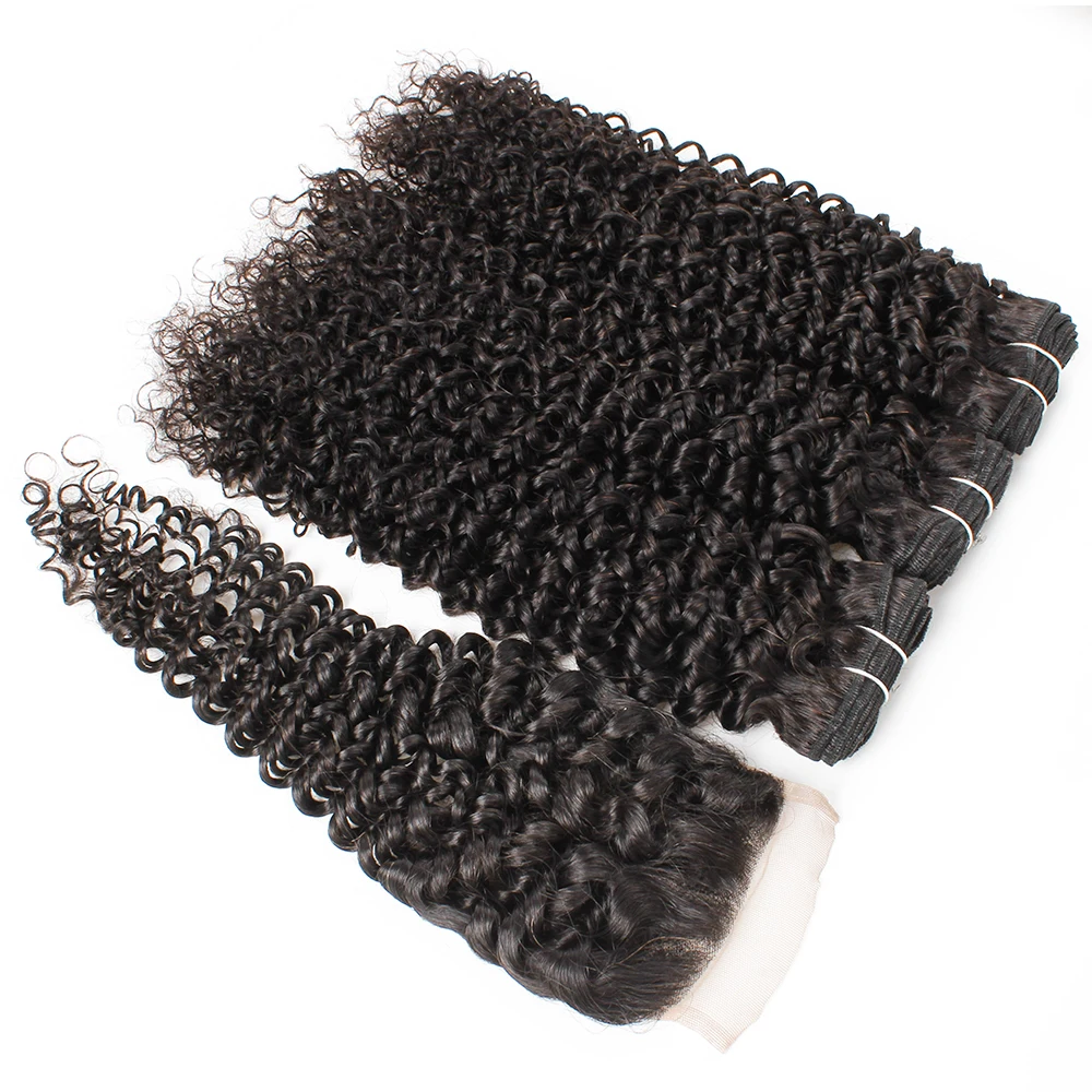 Jerry Curly 3 Bundles With 4*4 Lace Closure 300g/Lot Natural Color Brazilian Human Hair Remy Double Weft Bouncy Hair Extension