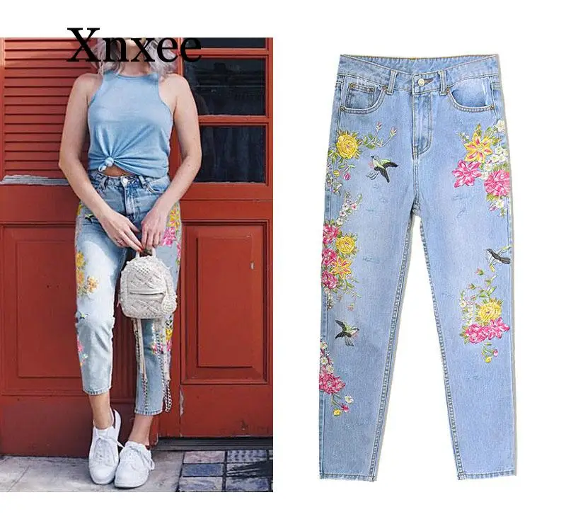 

blue long Jeans Women's Clothing 3D Floral Embroidery Denim Pants High Waist Straight Vintage Ripped Ladies Slim Jean Trousers