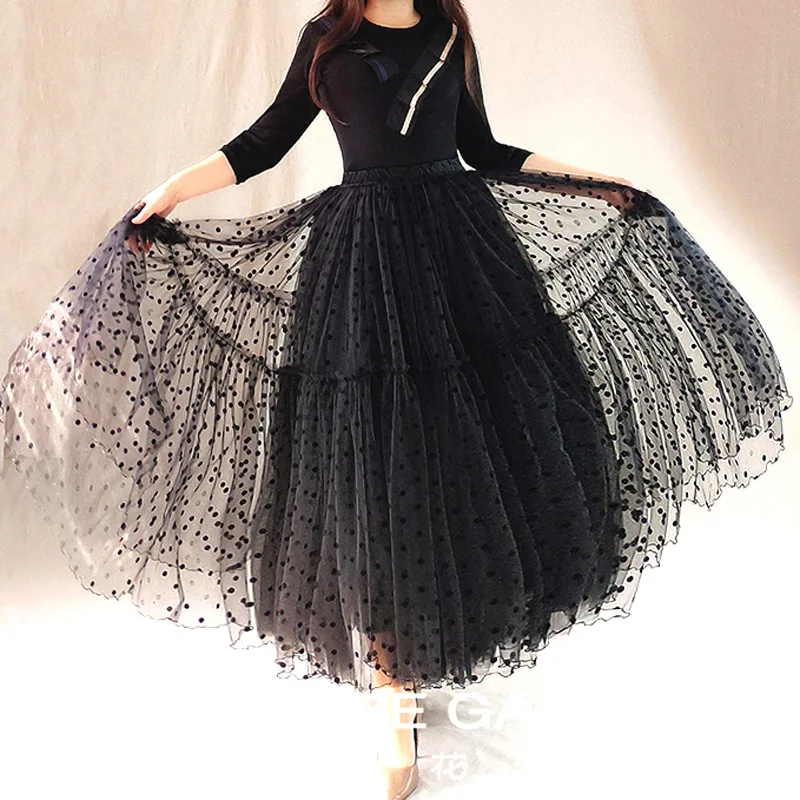 

plus size maxi skirts for women 4xl 5xl 6xl 7xl 8xl Fashion Female Black Dot Mesh Pleated Tutu Maxi Long Women Skirts