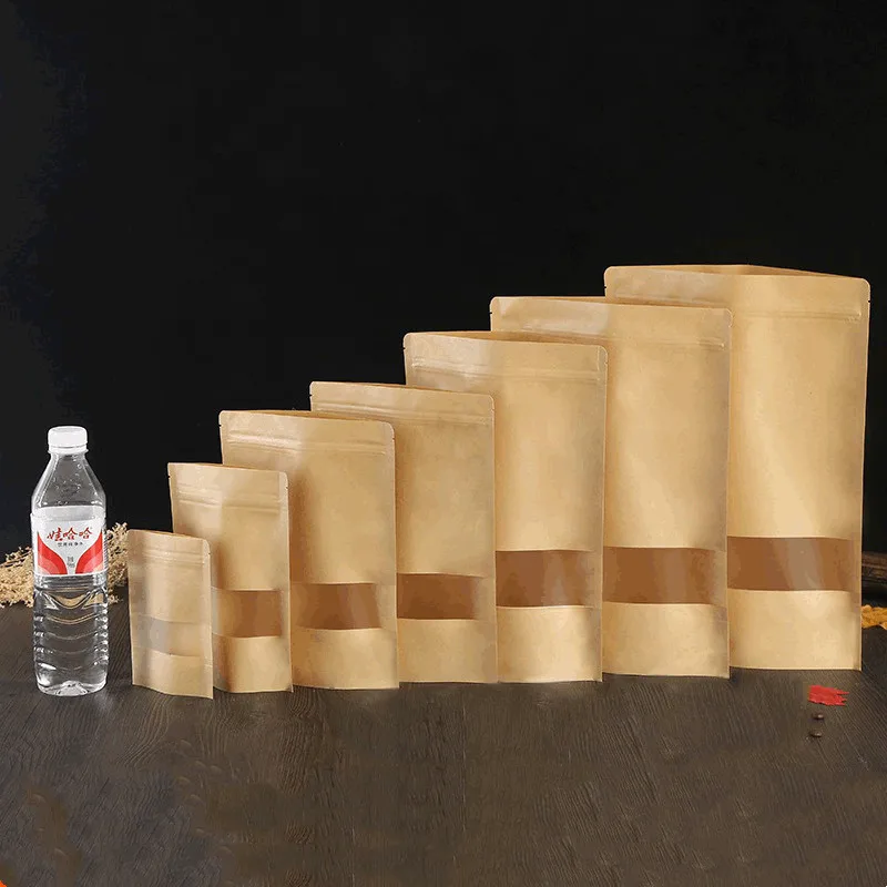 50/100pcs kraft paper zipper lock window bag brown re-sealable stand-up pouch coffee bean wedding festival food packaging