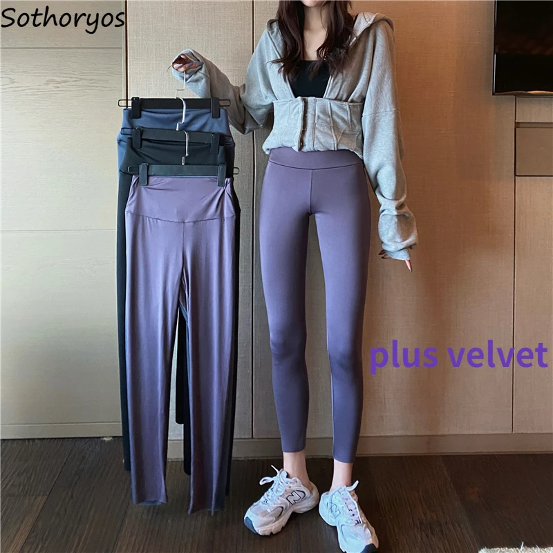 Legging Wanita Tebal Solid Sepanjang Pergelangan Kaki Elastis Tinggi Pinggang Ramping Chic Fashion Santai Streetwear Seksi Seksi Seksi Gym Wanita