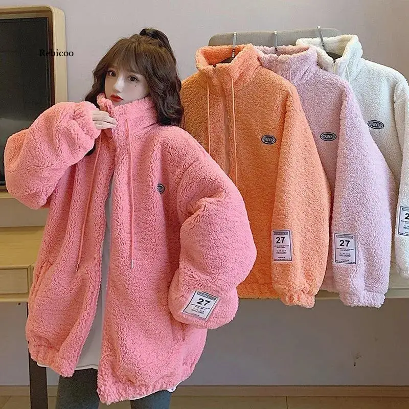 Women Fleece Teddy Jackets Zipper Solid Pocket lapel Coat Winter Warm Wool Zip-up Cotton Coat Outwear Casual Sweatshirt