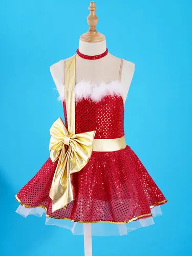Imagen 2 del producto Vestido tutú de elfo de Navidad, leotardo de baile de Ballet, vestido de patinaje artístico para niñas, traje de actuación de lentejuelas con lazo de malla sin mangas