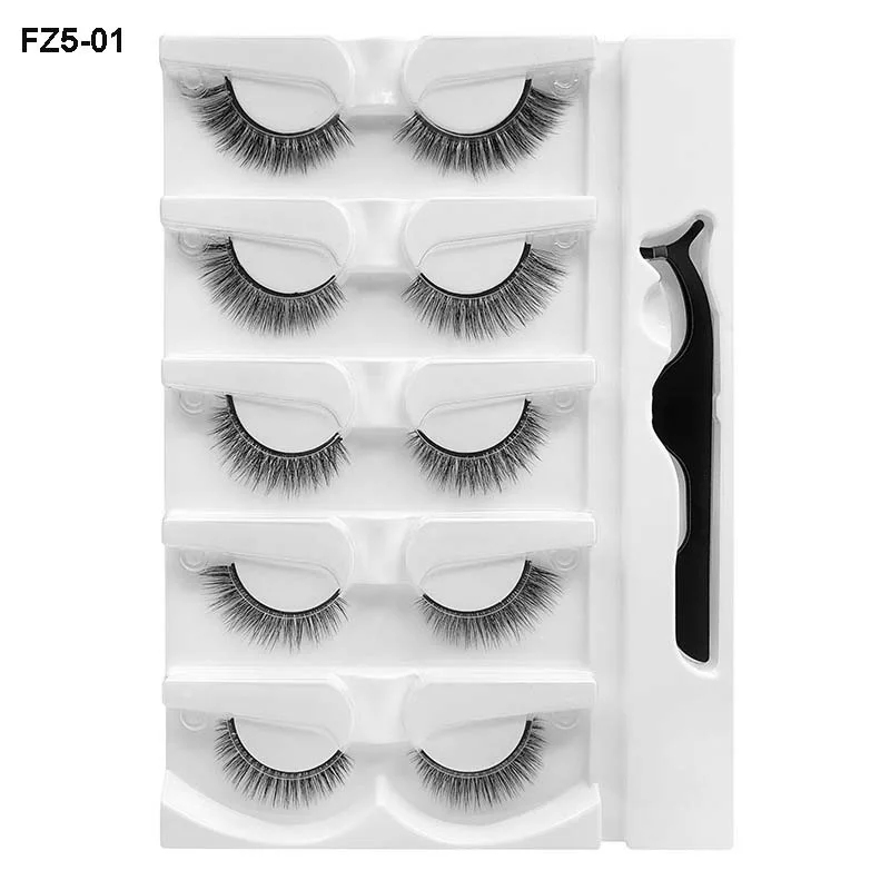 Natural 5 Pairs Self-adhesive False Eyelashes Set Soft Light Handmade Reusable Non-Glue Fake Lashes Extensions + Lash Tweezer