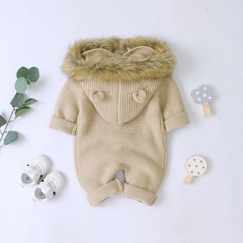 Newborn Baby Romper Long Sleeve Winter Toddler Boy Clothes Warm Solid Knit Infant Girl Jumpsuit Outfits Fashion Hooded Cute Ears