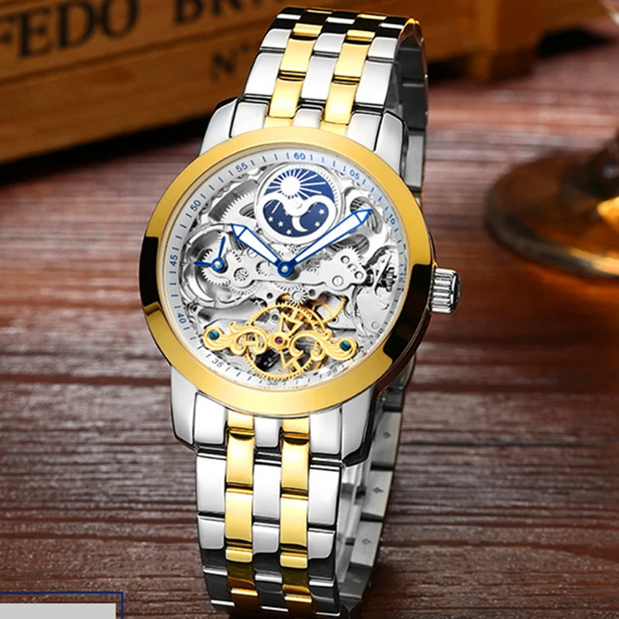 AILANG 2022 Fashion Luxury Gold Stainless Steel Mechanical Watch Men\'s Waterproof  Hollow Watch Skeleton Steampunk Watches Men