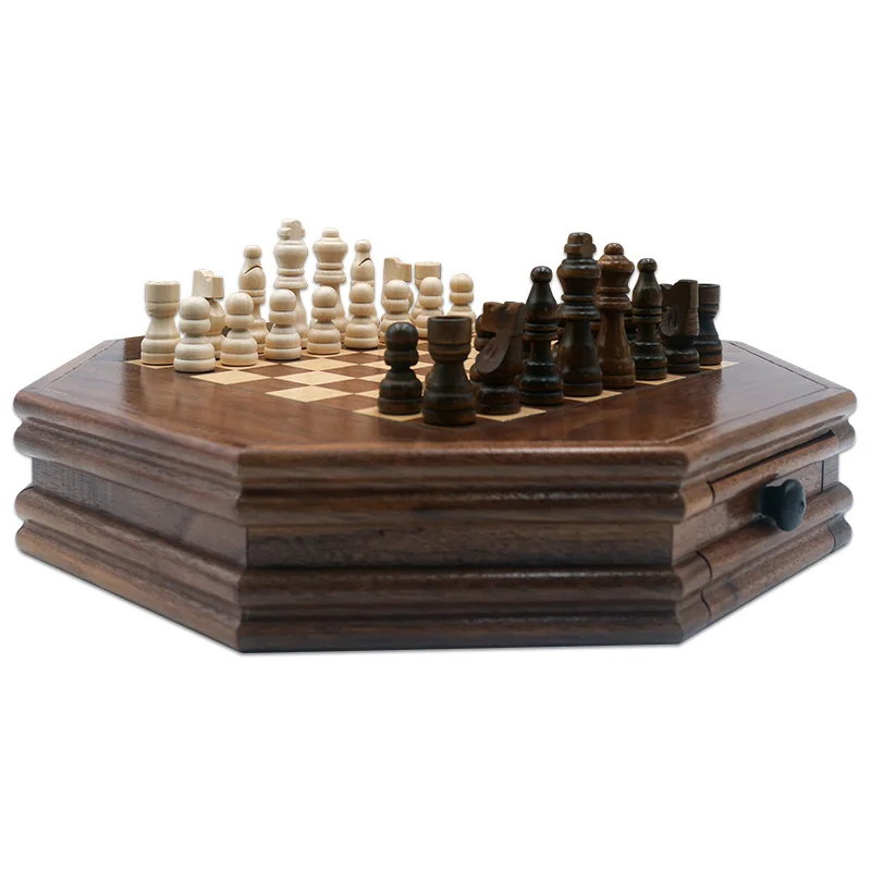 

High Quality Internaternational Chess Set Handwork Solid Wood Table Walnut Drawer Style Storage Pieces Professional Chess Board