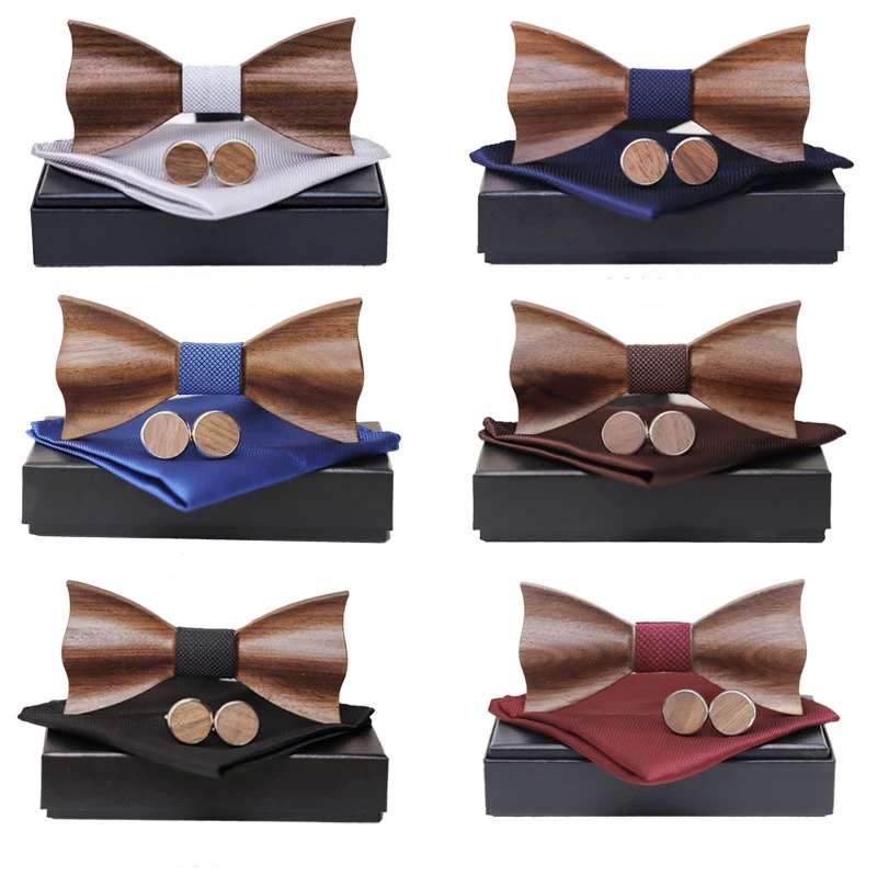 Ricnais 3D Wooden Wood Bowtie Set Bule Red Pocket Square Cufflinks Set For Men Business Wedding Bow Tie Handkerchief With Box