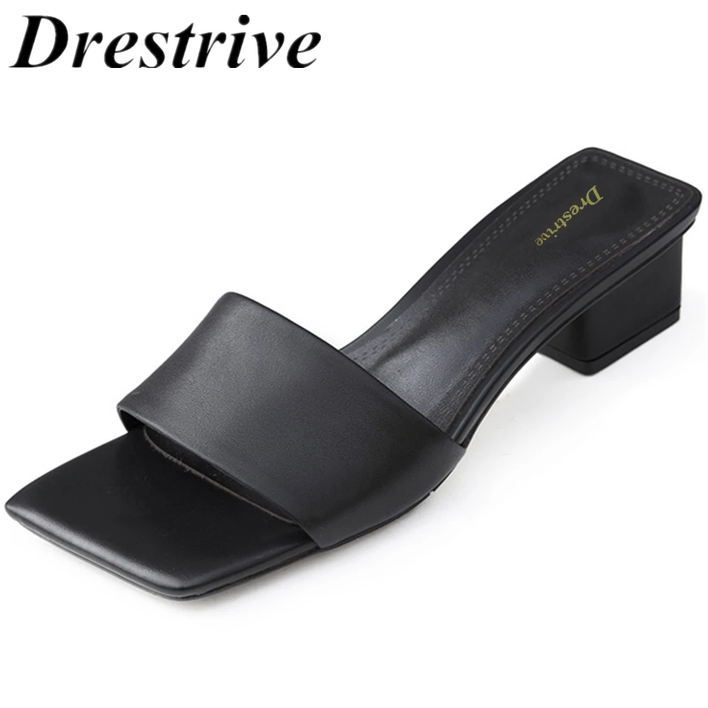 Drestrive Women Sandals Thick Heels 3.5 cm Square Toe Cow Leather Classics Female Slipper 2022 Summer Shoes Black