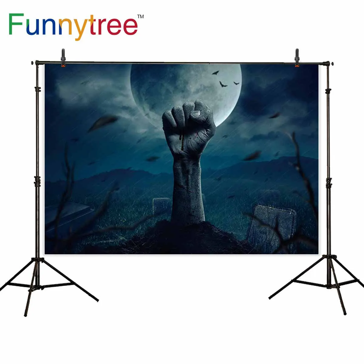 Funnytree photographic photophone terror Zombie cemetery night hand moon Halloween  backdrop Background photography photobooth