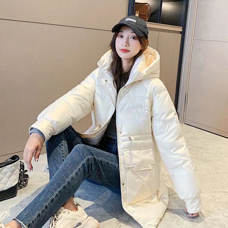 

2021 Winter Parkas Jacket Women Long Hooded Down Cotton Jacket Female Glossy Thick Cotton Padded Parka Basic Coat Outwear B1590