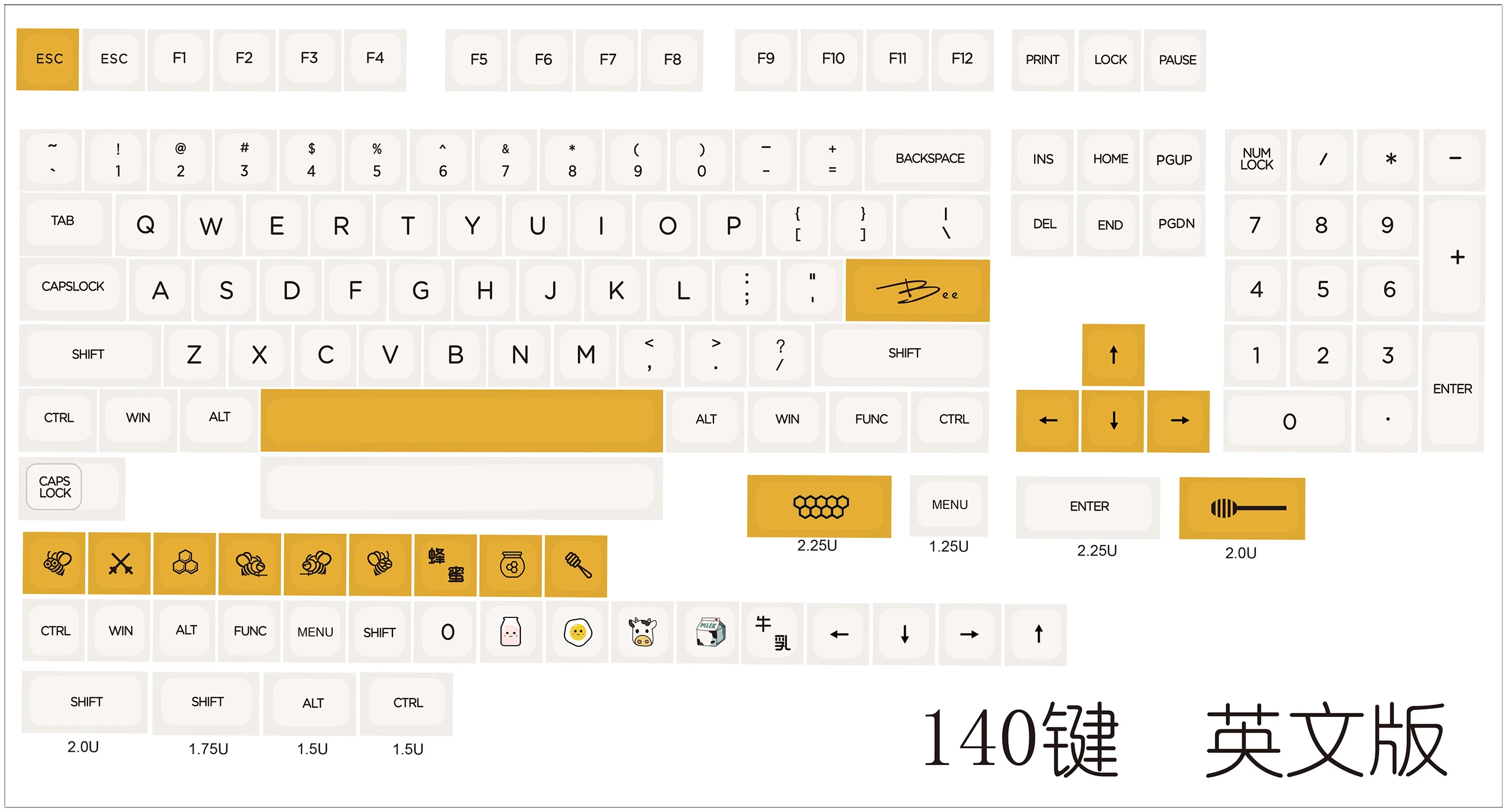 ハニーミルクのテーマのキーキャップ,140個,メカニカルキーボード用,mx