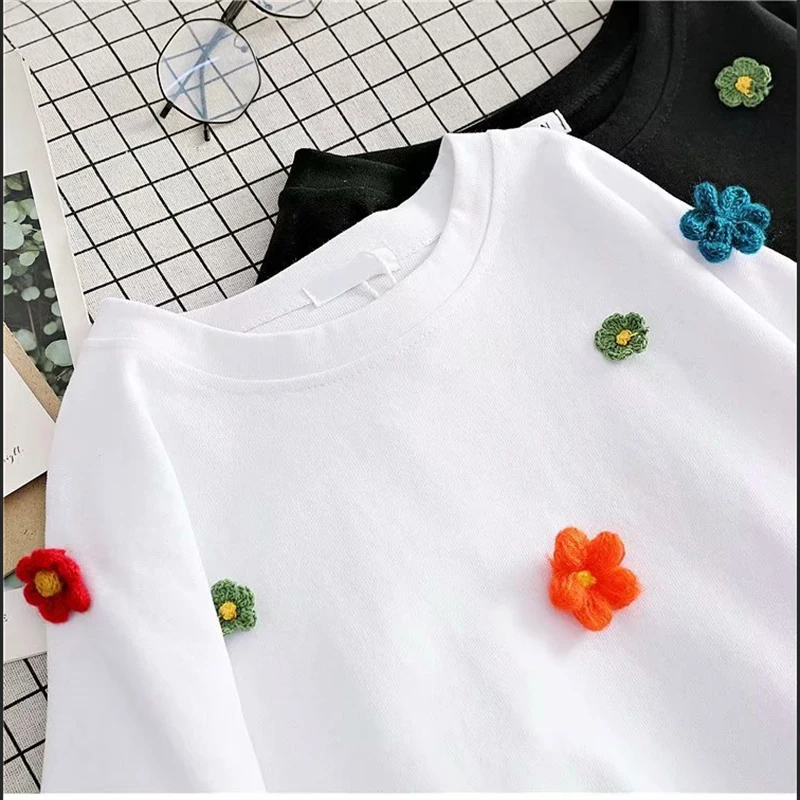 Summer Short Sleeve White T Shirt 2022 New 3D Flowers O Neck d T Shirts Female Casual Loose Chic Tees Women 100% Cotton Tops