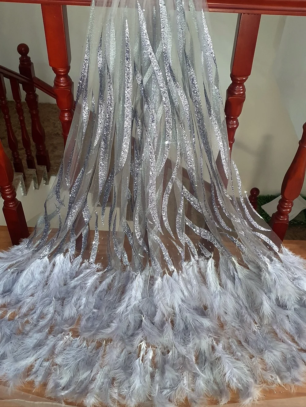 Champagne Gray White Feather French Nigerian African Fabric For Design Couture Diy Sewing Wedding Dress Prom Gown Width 150cm