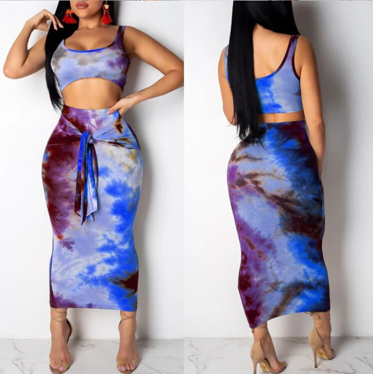 2 sztuk zestaw damski ubrania Crop Top bez rękawów Bandaged Tie-dye drukuj kamizelka Top + spódnica panie lato moda Streetwear Clubwear