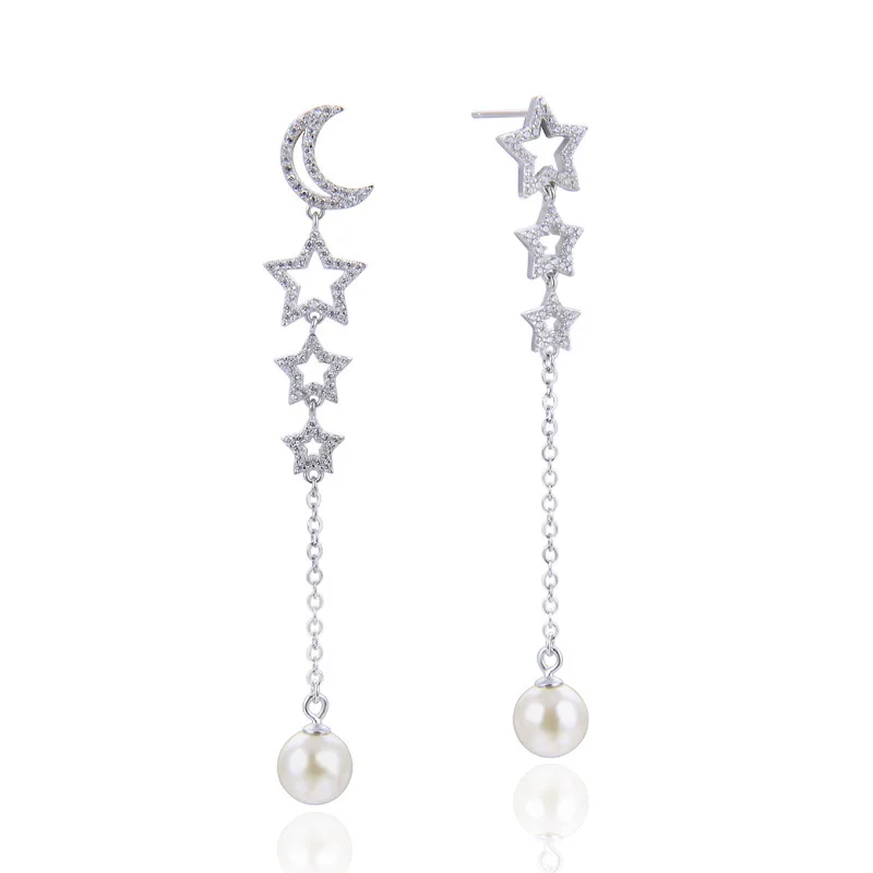 Sterling Silver Jewelry Earrings 925 Sterling Silver Crystal Moon Star With Pearl Stud Earrings Brincos Pendientes de plata