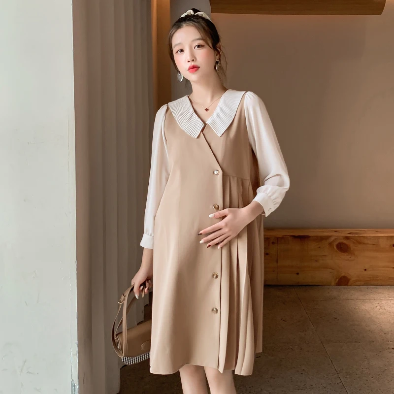 

7016# Autumn Korean Fashion Maternity Dress Elegant A Line Slim Loose Clothes for Pregnant Women Chic Ins Pleated Pregnancy