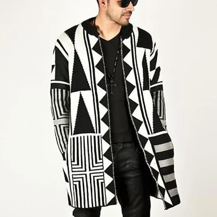 

Autumn winter new hip hop street tide men's sweater black and white gray color matching personalized sweaters cardigan men coat