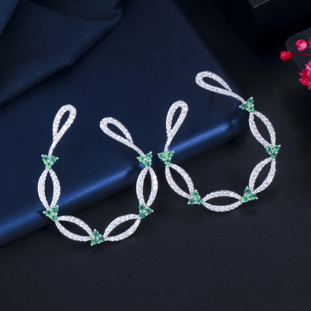 ThreeGraces Trendy Korean Style Green CZ Crystal Big Geometric Dangle Drop Earrings for Women Wedding Engagement Jewelry ER622