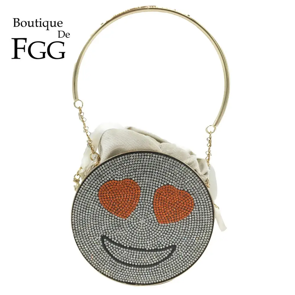 Boutique De FGG Smile Enjoy Face Women Rhinestone Handbags Metal Clutches Round Ball Evening Bags Party Dinner Crystal Purse