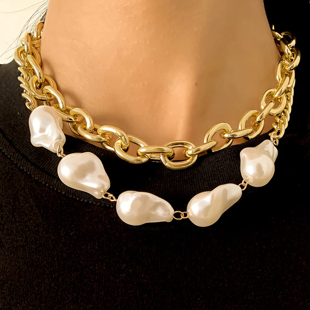 

2Pcs/Set Punk Cuban Thick Chain Irregular Pearl Necklace Women Retro Hip Hop Large Beaded Chunky Necklaces Charm Girl Jewelry