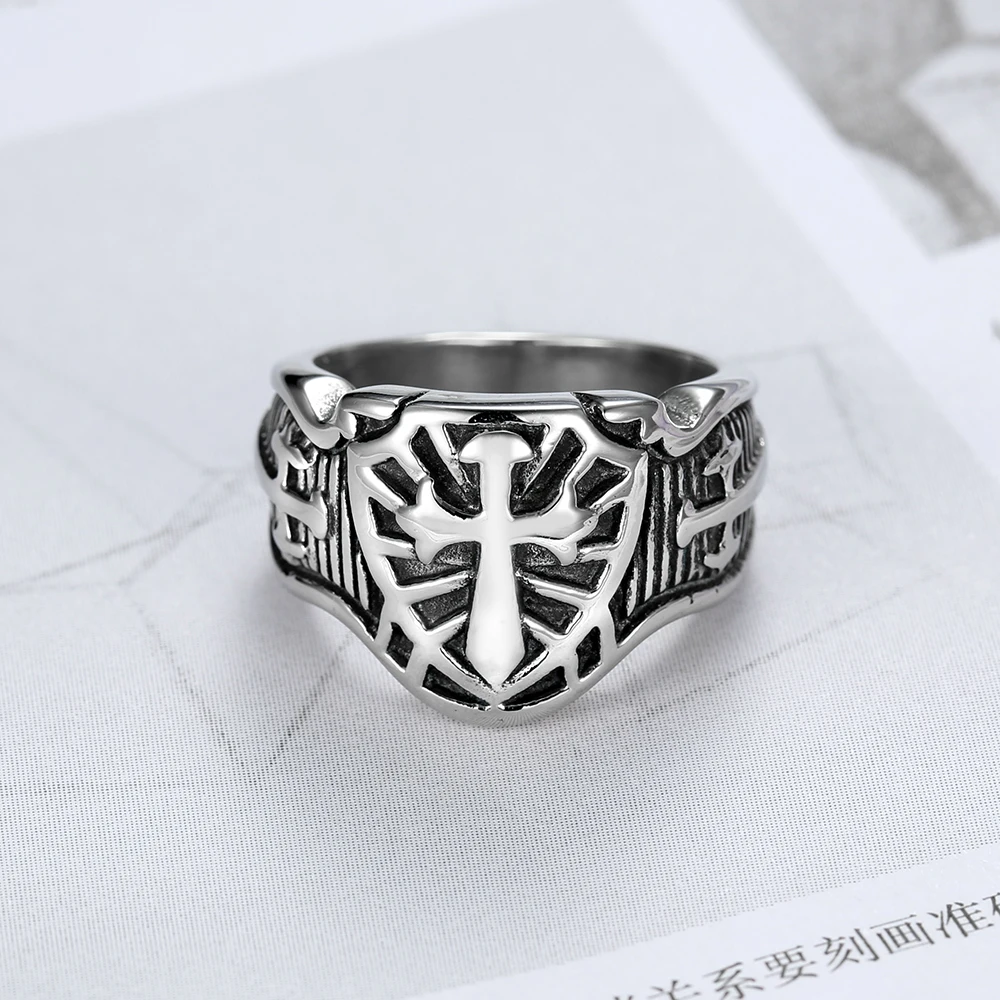 Free Shipping  Punk 316L Stainless Steel Armor Shield Knight Templar Crusade Cross Sword Ring Medieval Signet Men\'s Rings