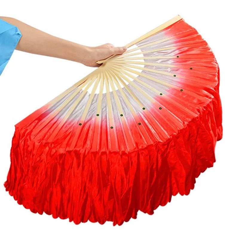 Velo de abanico de mano para bailarina de niña, abanicos de bambú de seda de imitación, par de danza folclórica china, Color degradado, rosa, rojo, verde, gran oferta