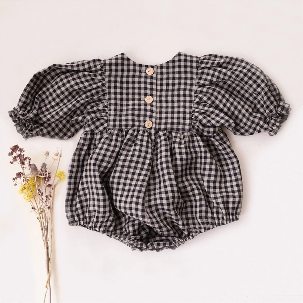 Fashion Baby Girl Rompers Summer Black Plaid Cotton Linen Newborn Baby Clothing Baby Clothes Jumpsuits For 0-2Y