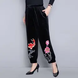 Women Pants Plus size High waist Velvet Pants Black Embroidery Ankle length Trousers Loose Ladies Casual