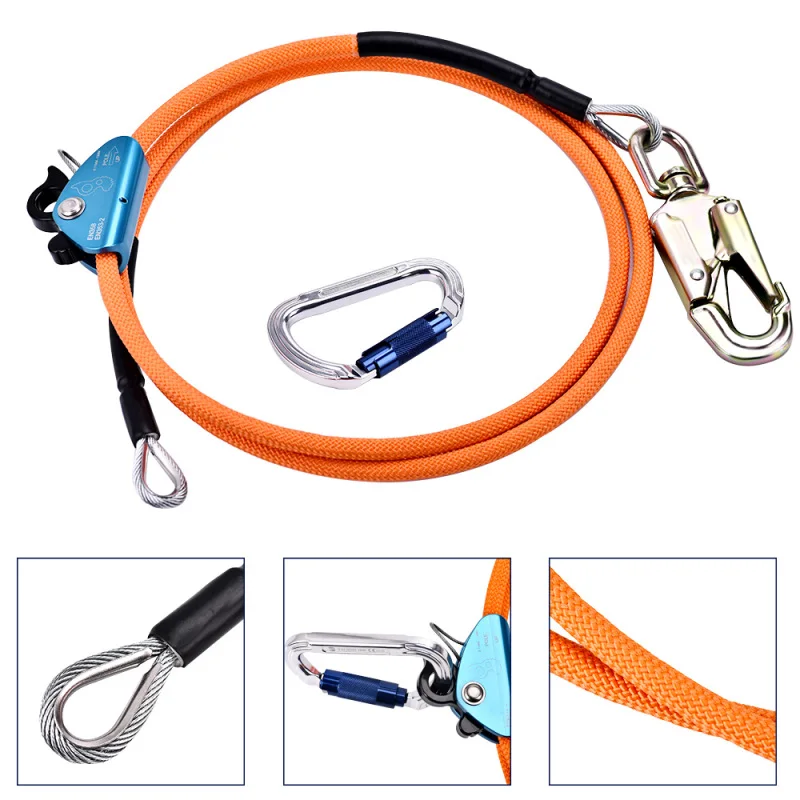 12mm 3M Length Steel Wire Core Flip Line Ropes Kits Flipline with Triple Lock Carabiner Adjuster Adjustable Lanyard Low Stretch