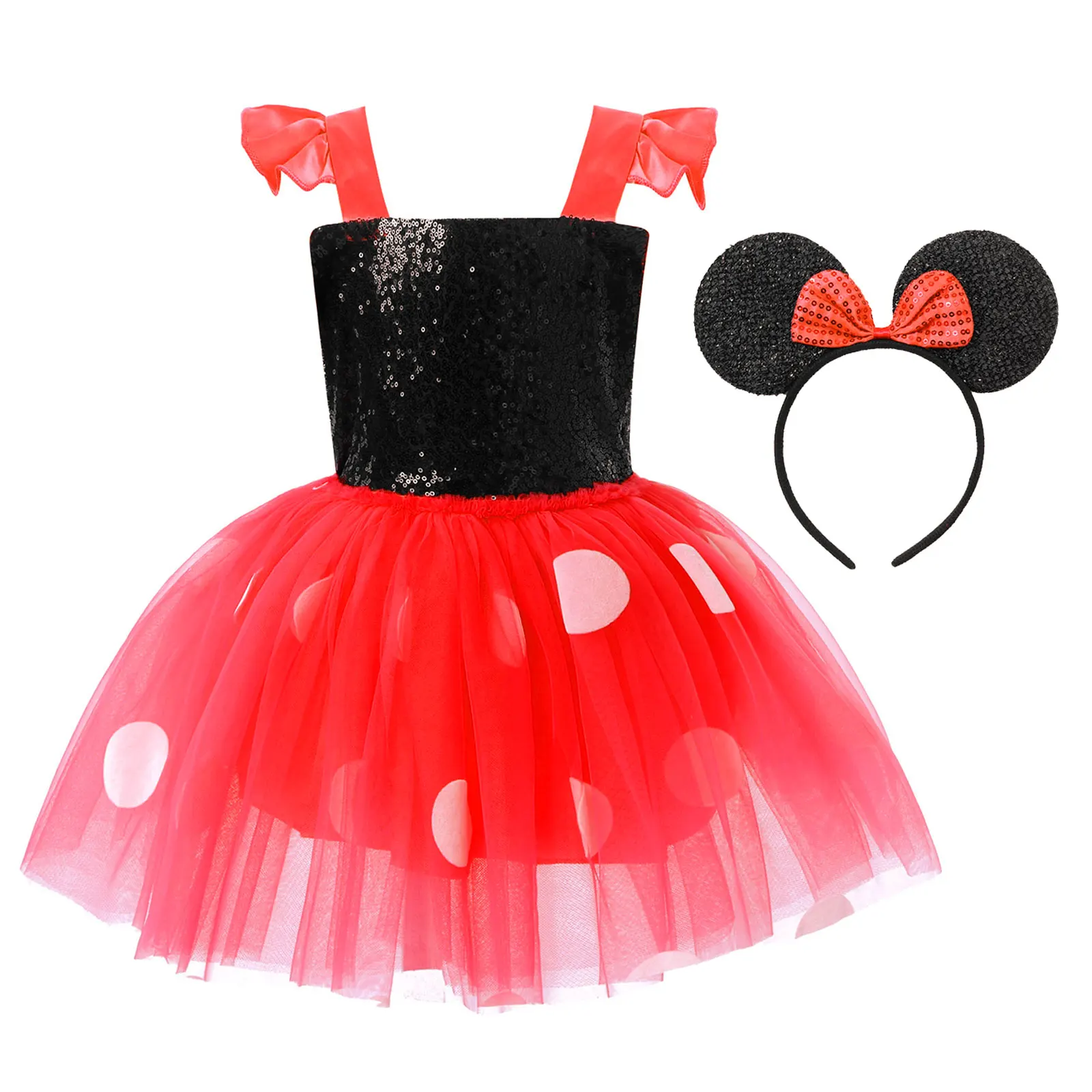 Infant Baby Girls Sequined Costume Dress Sleeveless Open Back Straps Tie Back Polka Dots Printed Tutu Mesh Skirt Outfit 2-8y