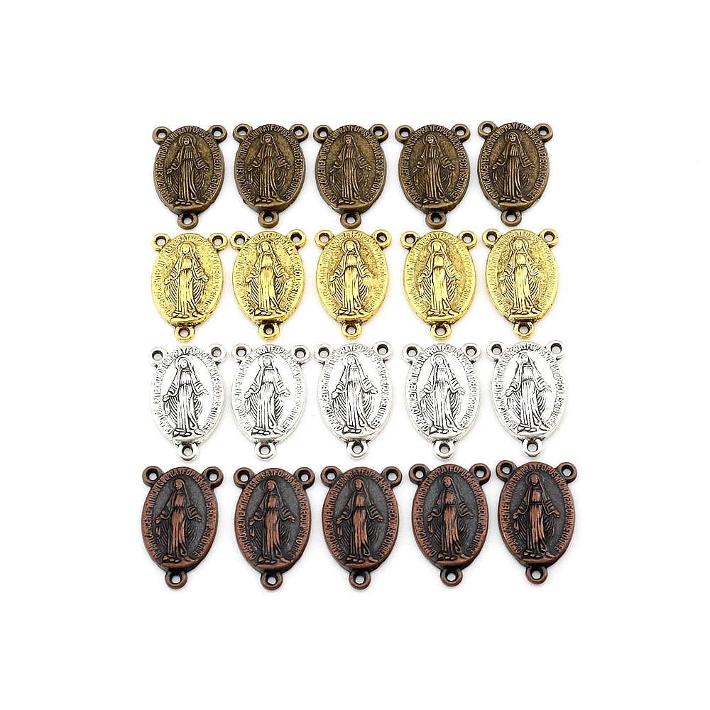 PandaHall Elite About 100 Pcs Tibetan Style Rosary Miraculous Medal Oval Center Parts Chandelier Virgin Links 4 Colors Jewelry